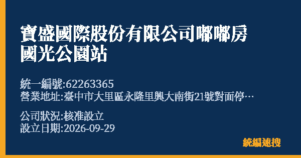 寶盛國際股份有限公司嘟嘟房國光公園站的照片-統編 62263365(臺中市) 公司登記資料與營業項目詳細圖表