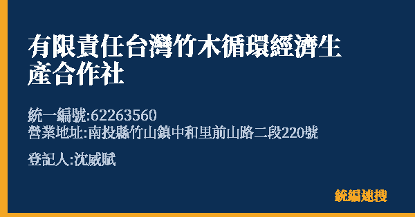 有限責任台灣竹木循環經濟生產合作社的照片-統編 62263560(南投縣) 公司登記資料與營業項目詳細圖表