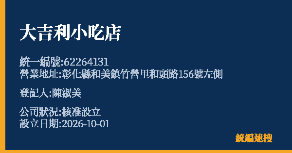 大吉利小吃店的照片-統編 62264131(彰化縣) 公司登記資料與營業項目詳細圖表