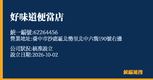 好味道便當店的照片-統編 62264456(臺中市) 公司登記資料與營業項目詳細圖表