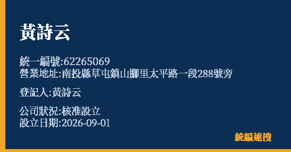 黃詩云的照片-統編 62265069 公司登記資料與營業項目詳細圖表