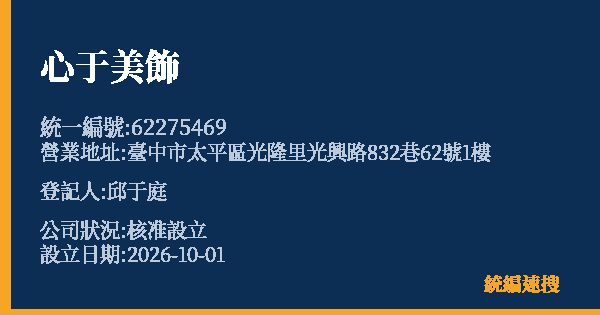 心于美飾的照片-統編 62275469(臺中市) 公司登記資料與營業項目詳細圖表