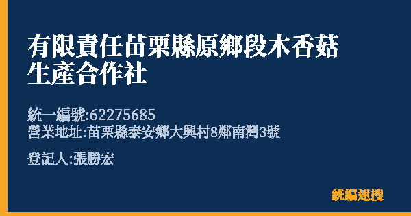 有限責任苗栗縣原鄉段木香菇生產合作社的照片-統編 62275685(苗栗縣) 公司登記資料與營業項目詳細圖表
