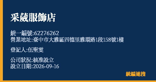 采葳服飾店的照片-統編 62276262 公司登記資料與營業項目詳細圖表