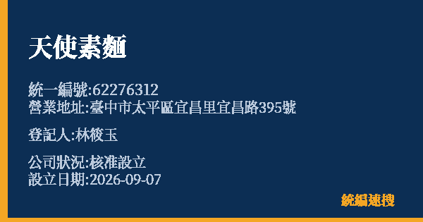 天使素麵的照片-統編 62276312 公司登記資料與營業項目詳細圖表