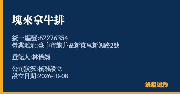塊來拿牛排的照片-統編 62276354(臺中市) 公司登記資料與營業項目詳細圖表