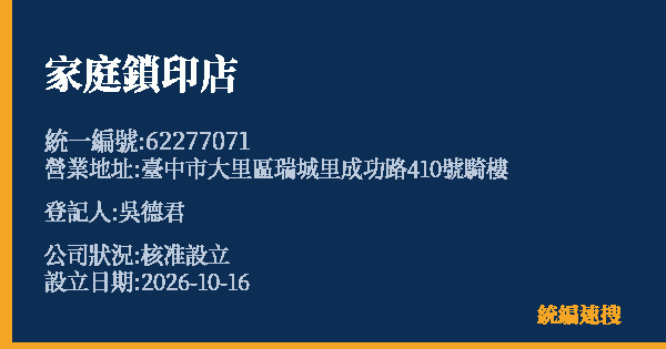 家庭鎖印店的照片-統編 62277071(臺中市) 公司登記資料與營業項目詳細圖表