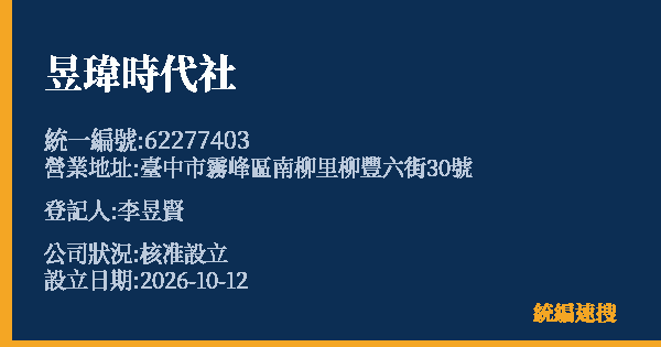 昱瑋時代社的照片-統編 62277403(臺中市) 公司登記資料與營業項目詳細圖表
