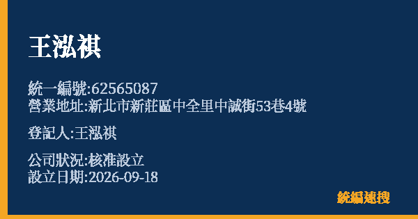 王泓祺的照片-統編 62565087(新北市) 公司登記資料與營業項目詳細圖表