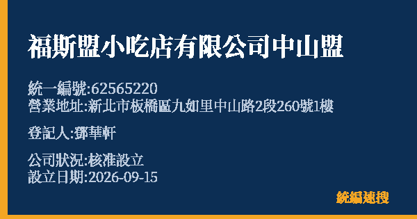 福斯盟小吃店有限公司中山盟的照片-統編 62565220(新北市) 公司登記資料與營業項目詳細圖表