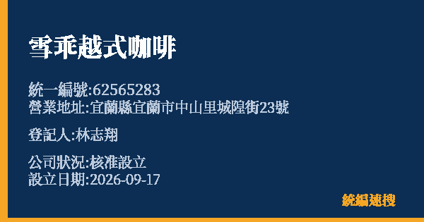 雪乖越式咖啡的照片-統編 62565283(宜蘭縣) 公司登記資料與營業項目詳細圖表