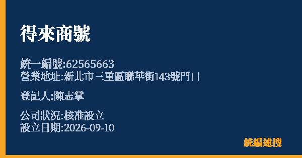 得來商號的照片-統編 62565663(新北市) 公司登記資料與營業項目詳細圖表