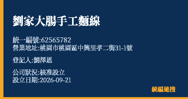 劉家大腸手工麵線的照片-統編 62565782(桃園市) 公司登記資料與營業項目詳細圖表