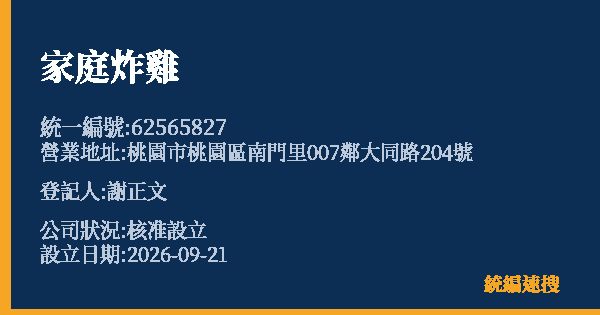 家庭炸雞的照片-統編 62565827(桃園市) 公司登記資料與營業項目詳細圖表