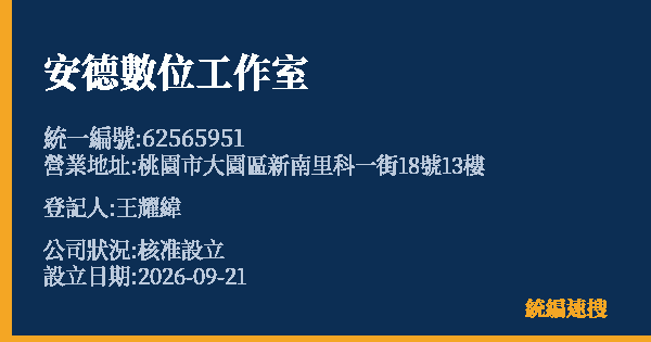 安德數位工作室的照片-統編 62565951(桃園市) 公司登記資料與營業項目詳細圖表