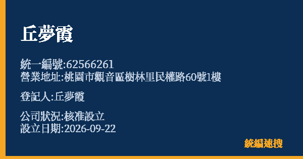 丘夢霞的照片-統編 62566261(桃園市) 公司登記資料與營業項目詳細圖表