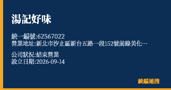 湯記好味的照片-統編 62567022(新北市) 公司登記資料與營業項目詳細圖表