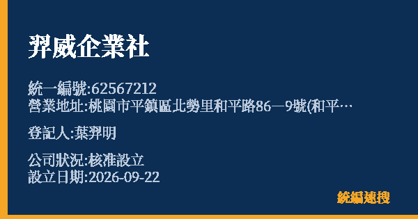 羿威企業社的照片-統編 62567212(桃園市) 公司登記資料與營業項目詳細圖表