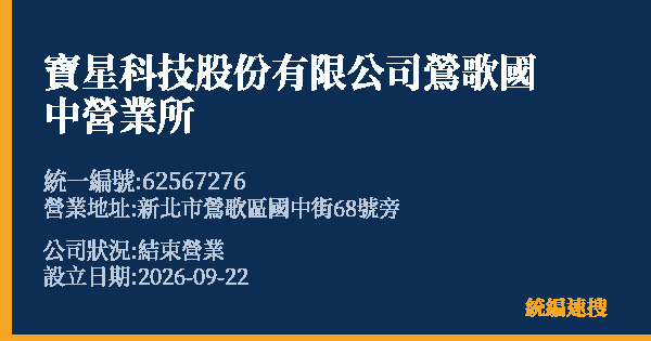 寶星科技股份有限公司鶯歌國中營業所的照片-統編 62567276(新北市) 公司登記資料與營業項目詳細圖表