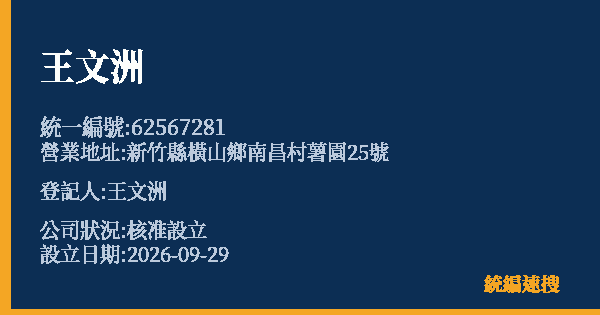 王文洲的照片-統編 62567281(新竹縣) 公司登記資料與營業項目詳細圖表