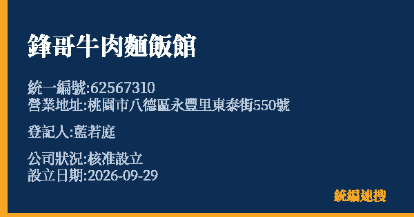 鋒哥牛肉麵飯館的照片-統編 62567310(桃園市) 公司登記資料與營業項目詳細圖表