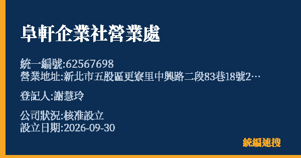 阜軒企業社營業處的照片-統編 62567698(新北市) 公司登記資料與營業項目詳細圖表