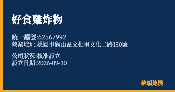 好食雞炸物的照片-統編 62567992(桃園市) 公司登記資料與營業項目詳細圖表