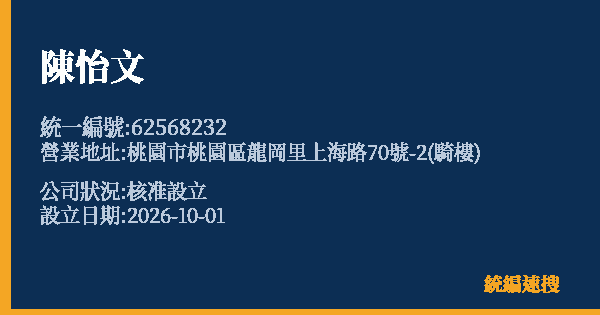 陳怡文的照片-統編 62568232(桃園市) 公司登記資料與營業項目詳細圖表