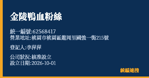 金陵鴨血粉絲的照片-統編 62568417(桃園市) 公司登記資料與營業項目詳細圖表