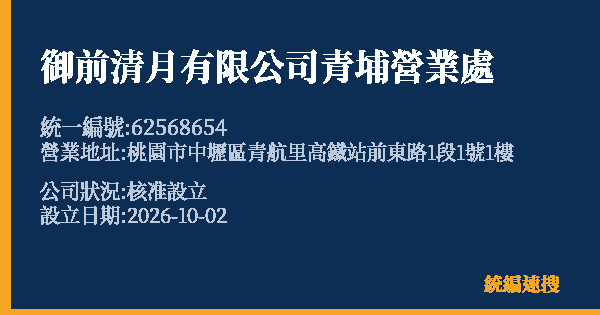 御前清月有限公司青埔營業處的照片-統編 62568654(桃園市) 公司登記資料與營業項目詳細圖表