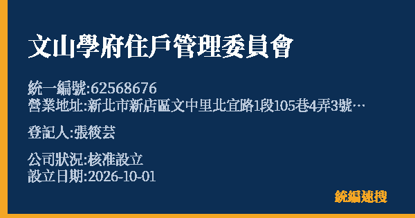 文山學府住戶管理委員會的照片-統編 62568676(新北市) 公司登記資料與營業項目詳細圖表