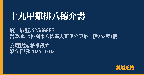 十九甲雞排八德介壽的照片-統編 62568887(桃園市) 公司登記資料與營業項目詳細圖表