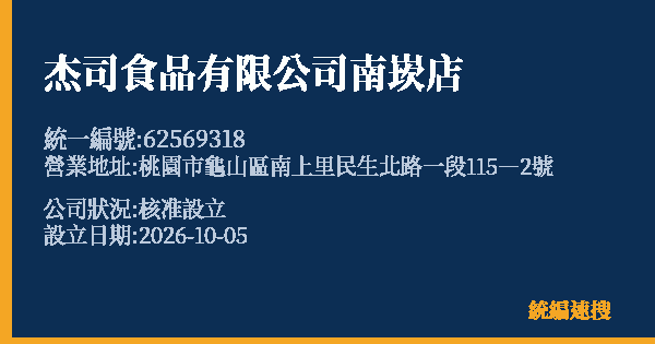 杰司食品有限公司南崁店的照片-統編 62569318(桃園市) 公司登記資料與營業項目詳細圖表