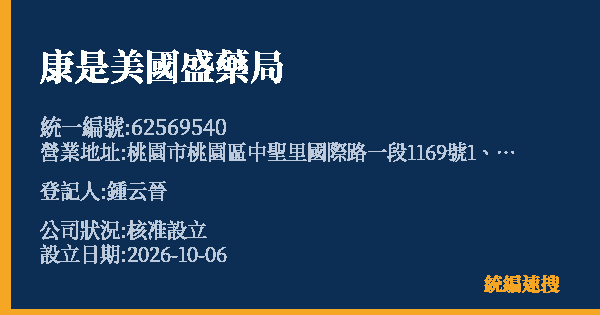 康是美國盛藥局的照片-統編 62569540(桃園市) 公司登記資料與營業項目詳細圖表