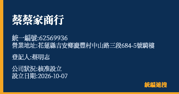 蔡蔡家商行的照片-統編 62569936(花蓮縣) 公司登記資料與營業項目詳細圖表