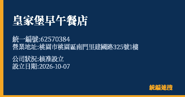 皇家堡早午餐店的照片-統編 62570384(桃園市) 公司登記資料與營業項目詳細圖表