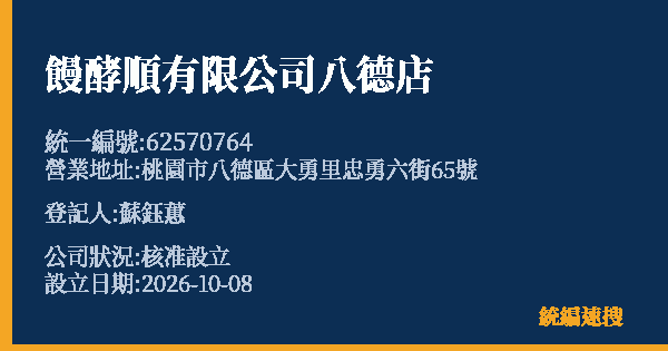 饅酵順有限公司八德店的照片-統編 62570764(桃園市) 公司登記資料與營業項目詳細圖表