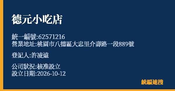 德元小吃店的照片-統編 62571216(桃園市) 公司登記資料與營業項目詳細圖表