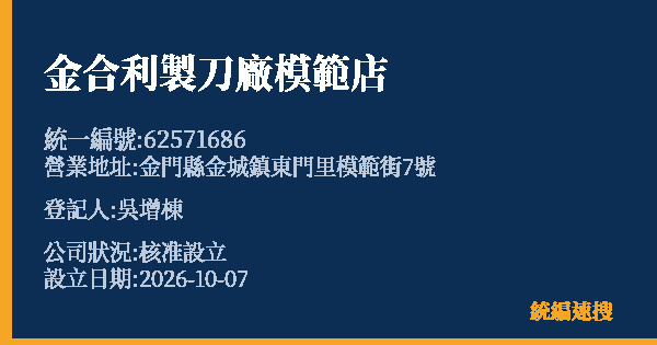 金合利製刀廠模範店的照片-統編 62571686(金門縣) 公司登記資料與營業項目詳細圖表