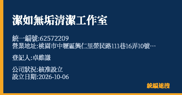 潔如無垢清潔工作室的照片-統編 62572209(桃園市) 公司登記資料與營業項目詳細圖表