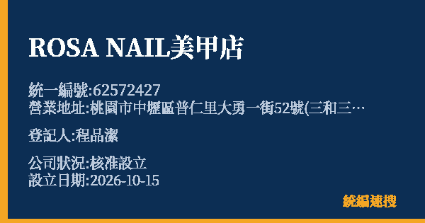 ROSA NAIL美甲店的照片-統編 62572427(桃園市) 公司登記資料與營業項目詳細圖表