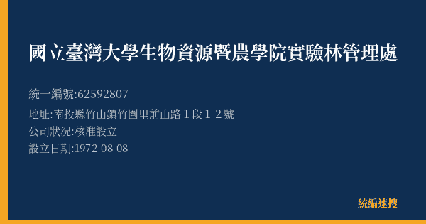 國立臺灣大學生物資源暨農學院實驗林管理處的照片-統編 62592807(南投縣) 公司登記資料與營業項目詳細圖表