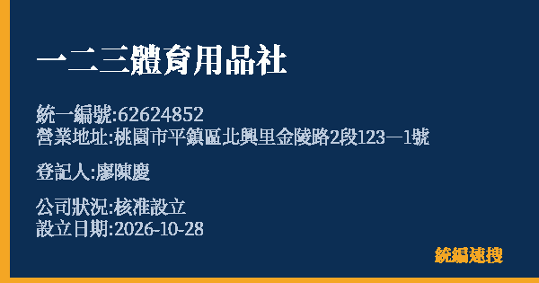 一二三體育用品社的照片-統編 62624852(桃園市) 公司登記資料與營業項目詳細圖表