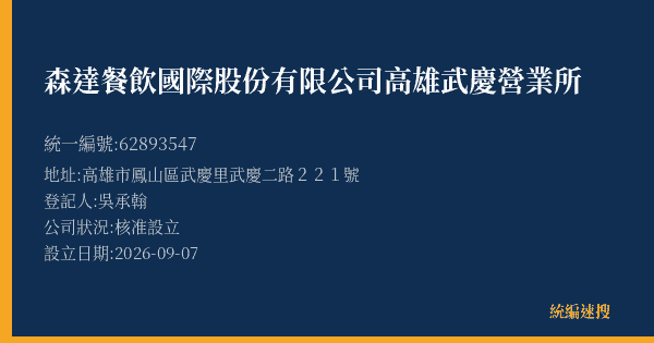 森達餐飲國際股份有限公司高雄武慶營業所的照片-統編 62893547(高雄市) 公司登記資料與營業項目詳細圖表