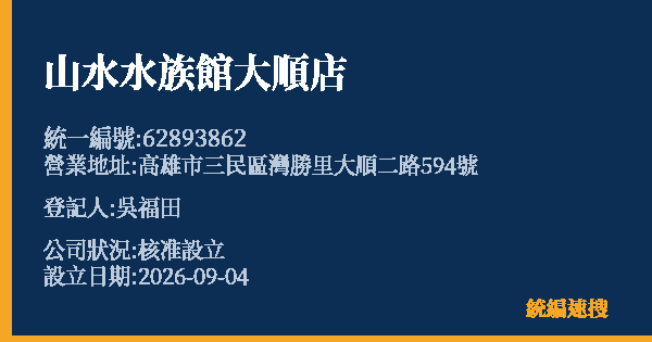 山水水族館大順店的照片-統編 62893862(高雄市) 公司登記資料與營業項目詳細圖表