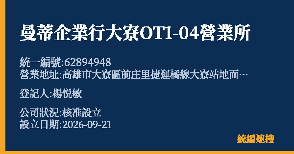曼蒂企業行大寮OT1-04營業所的照片-統編 62894948(高雄市) 公司登記資料與營業項目詳細圖表