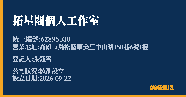 拓星閣個人工作室的照片-統編 62895030(高雄市) 公司登記資料與營業項目詳細圖表