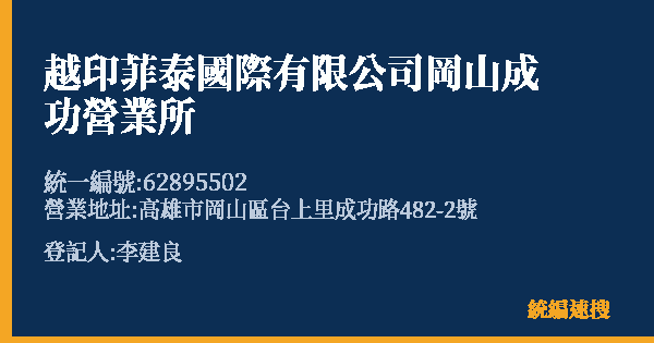 越印菲泰國際有限公司岡山成功營業所的照片-統編 62895502(高雄市) 公司登記資料與營業項目詳細圖表