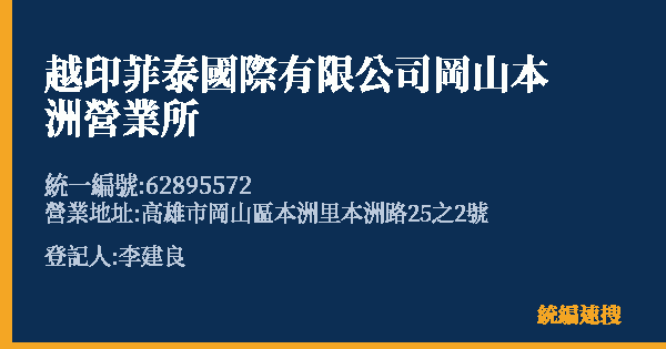 越印菲泰國際有限公司岡山本洲營業所的照片-統編 62895572(高雄市) 公司登記資料與營業項目詳細圖表