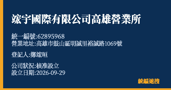 竤宇國際有限公司高雄營業所的照片-統編 62895968(高雄市) 公司登記資料與營業項目詳細圖表